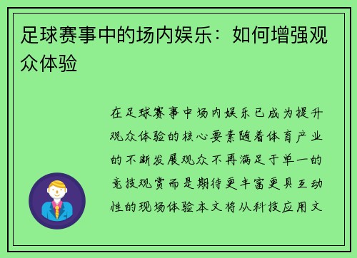 足球赛事中的场内娱乐：如何增强观众体验