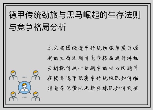 德甲传统劲旅与黑马崛起的生存法则与竞争格局分析