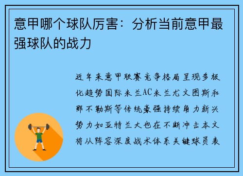 意甲哪个球队厉害：分析当前意甲最强球队的战力
