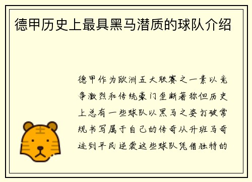 德甲历史上最具黑马潜质的球队介绍