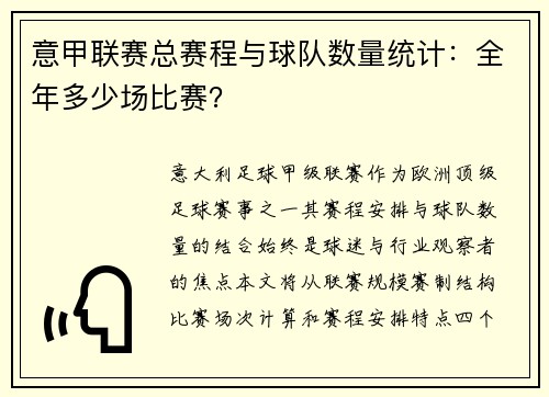 意甲联赛总赛程与球队数量统计：全年多少场比赛？