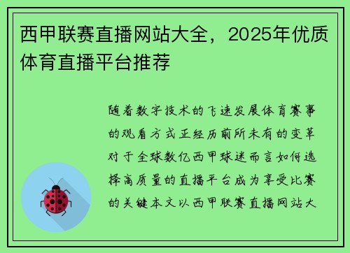 西甲联赛直播网站大全，2025年优质体育直播平台推荐